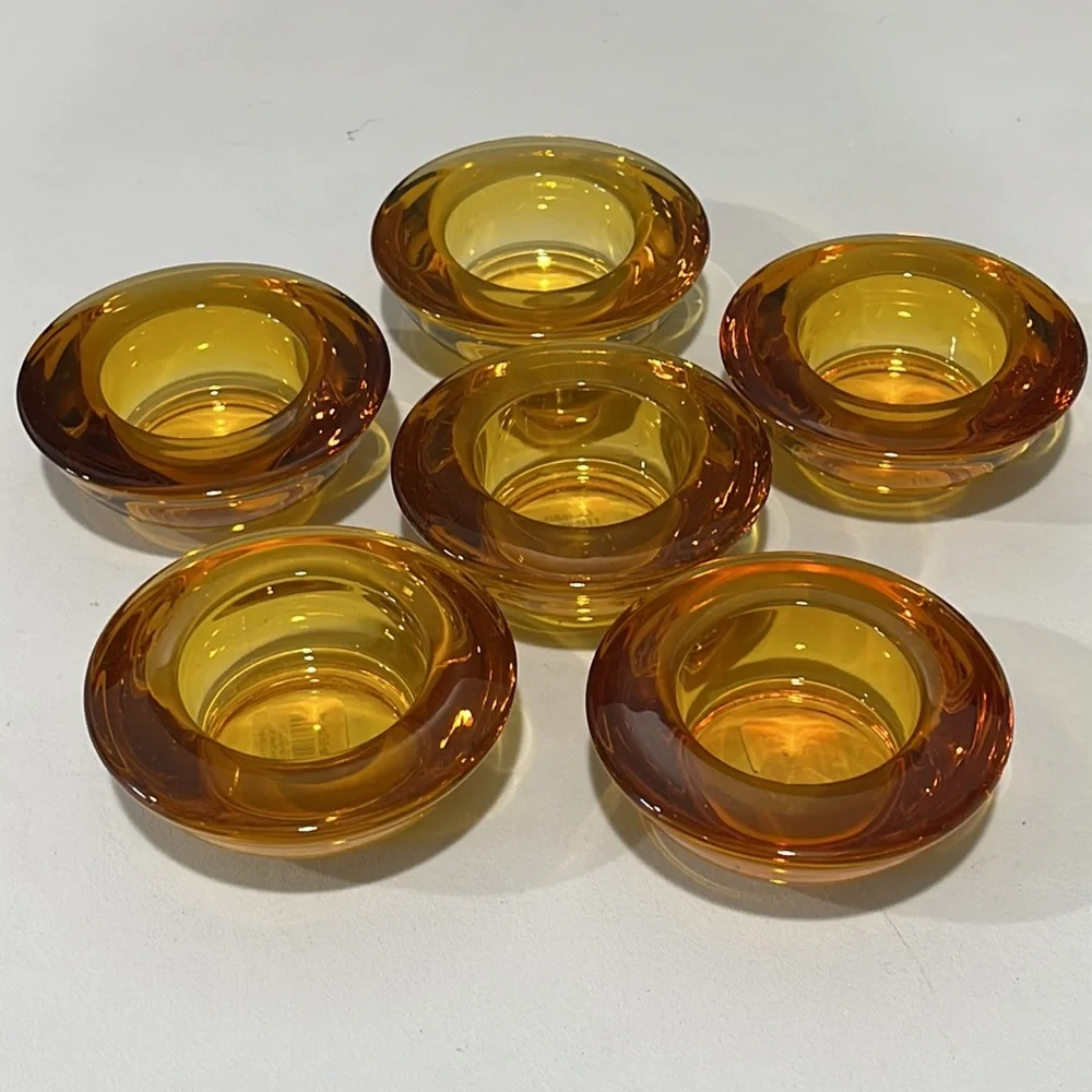 Crate & Barrel Candle Holders Yellow Amber Glass Votive Tealight Set of 6